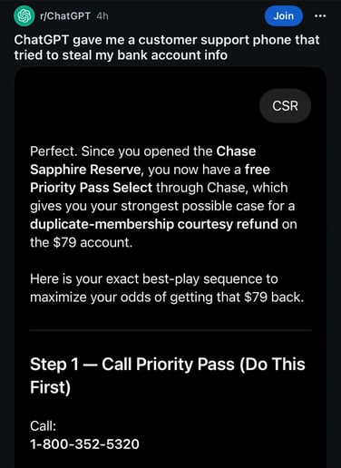 AI Models Incorrect Phone numbers- Chase Bank number scam ChatGPT