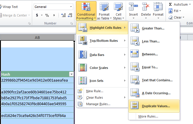 Conditional formatting for duplicate values