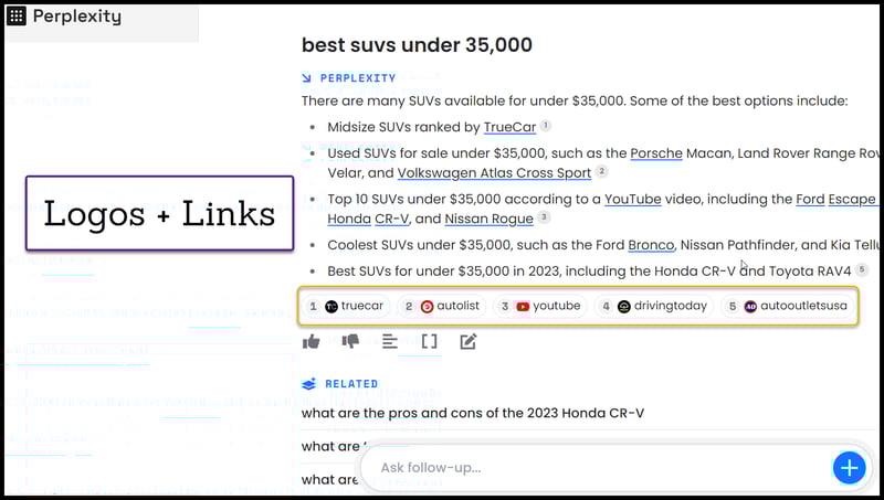 chatbot search display the answer with no clicks needed but still cite the site sources with logos and links